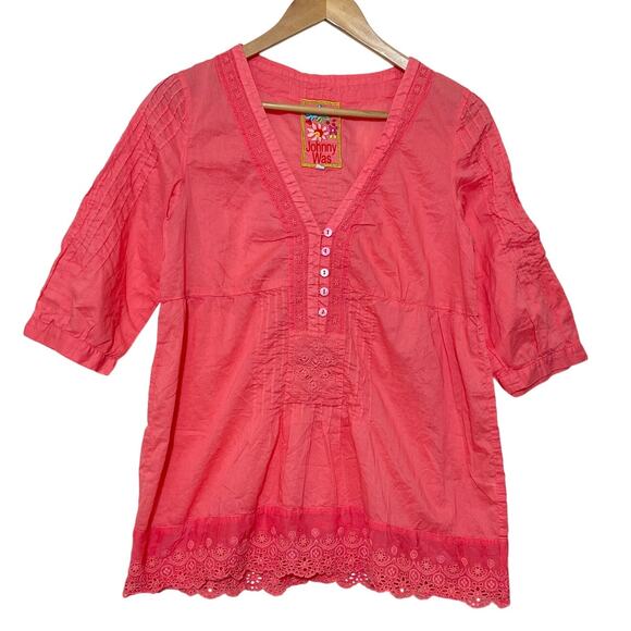 Johnny Was Women's Small Pink Short Sleeve V Neck Embroidered Eyelet Top - Picture 1 of 6